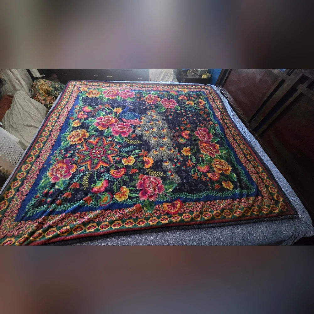 Johnny Was Lauren Canyon Cozy Sherpa Blanket Reversible Darnahta Peacock Flower